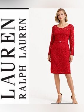 Lauren Ralph Lauren‎ Red Floral Lace Belted Sheath Cocktail Dress Size: 6
